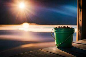 un' secchio di noccioline su un' di legno ponte prospiciente il oceano. ai-generato foto