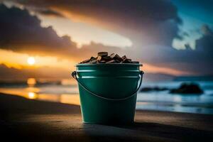 un' secchio di legna su il spiaggia a tramonto. ai-generato foto