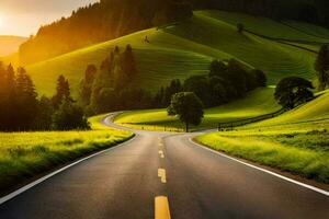 un' strada nel il montagne con un' tramonto. ai-generato foto