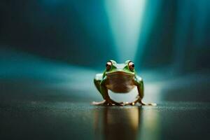 un' rana è in piedi su un' buio pavimento. ai-generato foto