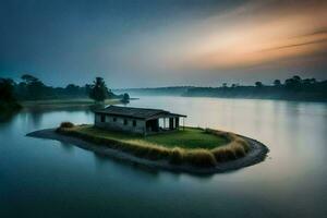 un' piccolo Casa su un isola nel il mezzo di un' lago. ai-generato foto