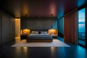 un' moderno Camera da letto con un' grande letto e un' Visualizza di il città. ai-generato foto