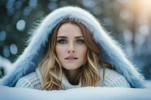 un' bellissimo giovane donna nel un' bianca cappotto posa nel il neve. ai-generato foto