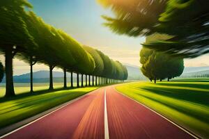 un' strada con alberi e erba nel il sfondo. ai-generato foto