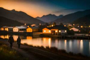 Due persone camminare lungo un' sentiero vicino un' lago a tramonto. ai-generato foto