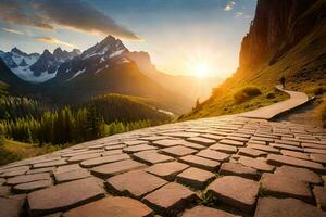 un' pietra sentiero conduce per un' montagna gamma a tramonto. ai-generato foto