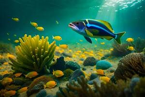 un' pesce nuoto nel il oceano con corallo e altro pesce. ai-generato foto