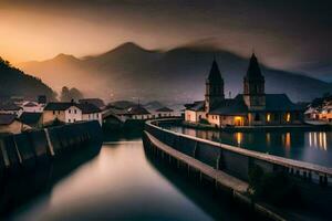 un' bellissimo tramonto al di sopra di un' fiume e un' Chiesa. ai-generato foto