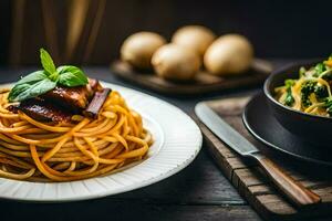 un' piatto di spaghetti con carne e verdure. ai-generato foto