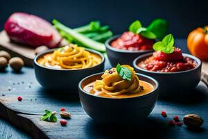 quattro ciotole di pasta con diverso salse. ai-generato foto