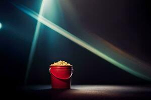 un' secchio di Popcorn su un' buio palcoscenico. ai-generato foto