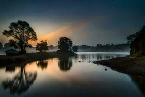 un' fiume a Alba con alberi e un' nebbioso cielo. ai-generato foto