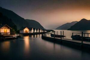 foto sfondo il cielo, montagne, lago, Barche, il acqua, il montagne, il acqua. ai-generato