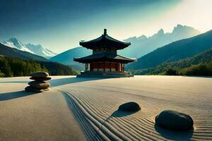 un' pagoda si siede nel il mezzo di un' sabbia duna. ai-generato foto