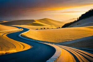 un' avvolgimento strada nel il mezzo di un' deserto. ai-generato foto