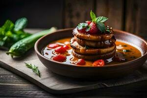 un' ciotola di cibo con un' pila di Pancakes su superiore. ai-generato foto