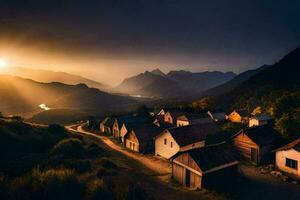 un' villaggio nel il montagne a tramonto. ai-generato foto