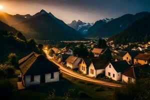 un' villaggio nel il montagne a tramonto. ai-generato foto