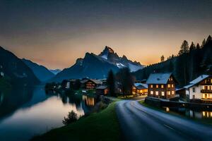 un' Casa si siede su il lato di un' montagna prospiciente un' lago. ai-generato foto