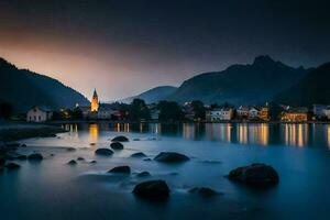 foto sfondo il cielo, montagne, acqua, lago, cittadina, Chiesa, Chiesa, il cielo. ai-generato