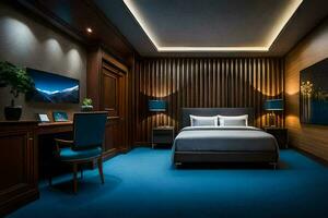 un' Hotel camera con blu tappeto e legna pannellatura. ai-generato foto