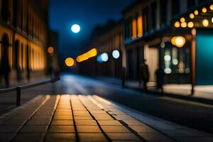 un' strada a notte con un' strada leggero e edifici. ai-generato foto