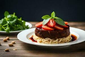 un' piatto di spaghetti con fragole e basilico le foglie. ai-generato foto