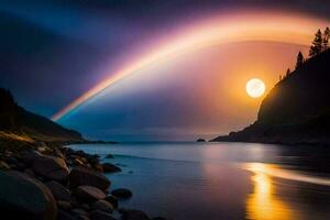 un' arcobaleno è riflessa nel il acqua come esso brilla brillantemente. ai-generato foto
