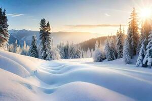 neve coperto alberi e il sole splendente nel il sfondo. ai-generato foto