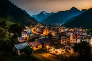 un' cittadina nel il montagne a notte. ai-generato foto