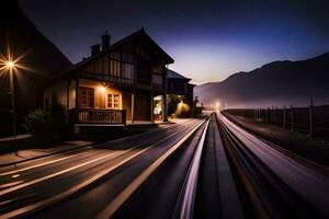 un' treno è andando giù il brani a notte. ai-generato foto