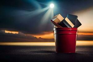 un' secchio pieno con libri su un' buio notte. ai-generato foto