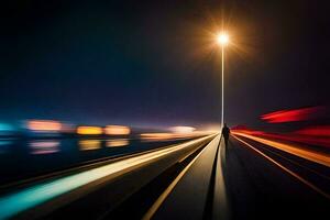 un' lungo esposizione fotografia di un' strada leggero a notte. ai-generato foto
