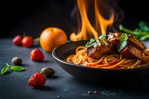 spaghetti con carne e verdure su un' nero sfondo. ai-generato foto