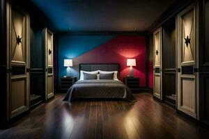 un' Camera da letto con un' letto e un' parete con un' blu e rosso accento. ai-generato foto