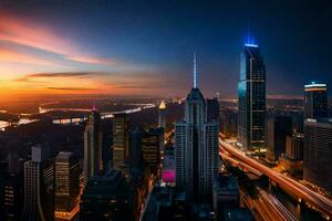 il città orizzonte a tramonto. ai-generato foto