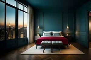 un' Camera da letto con un' Visualizza di il città orizzonte. ai-generato foto