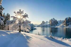 inverno paesaggio con neve coperto alberi e montagne. ai-generato foto