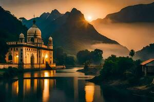 un' bellissimo tramonto al di sopra di un' fiume e un' Chiesa. ai-generato foto