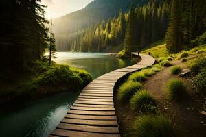 un' di legno sentiero conduce per un' lago circondato di alberi. ai-generato foto