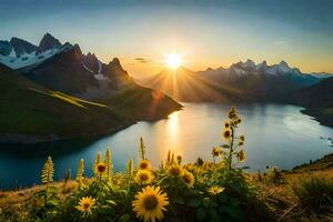 il sole sorge al di sopra di il montagne e lago. ai-generato foto
