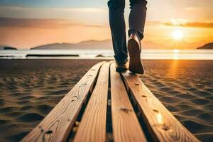 un' persona a piedi su un' di legno passerella a tramonto. ai-generato foto