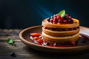 un' pila di Pancakes con frutti di bosco e sciroppo su un' di legno tavolo. ai-generato foto