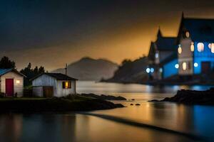 un' piccolo Casa si siede su il riva di un' lago. ai-generato foto