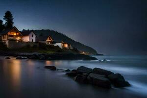 un' Casa su il spiaggia a notte. ai-generato foto