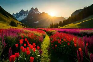 il sole sorge al di sopra di un' campo di rosso fiori e montagne. ai-generato foto
