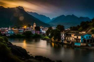 un' fiume corre attraverso un' cittadina a notte. ai-generato foto