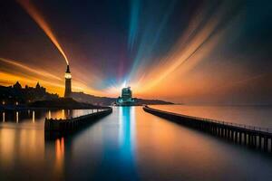 un' lungo esposizione foto di un' faro e un' città a tramonto. ai-generato