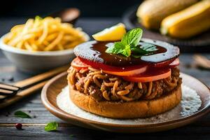 un' Hamburger con tagliatelle e pomodori su un' piatto. ai-generato foto