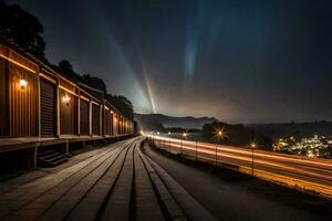 un' lungo esposizione foto di un' treno su il brani. ai-generato